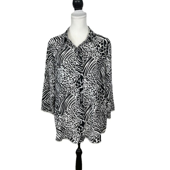 Alia Woman Blouse Plus Size 16W Black & White Button Animal Print 3/4 Sleeves - Picture 1 of 9